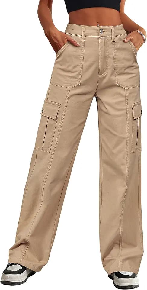 Eddoyee Cargo Pants for Women Wide Leg Baggy High Waisted Stretch Jeans Drawstring Ankle Cuffs 6 Pockets Straight Casual Jean