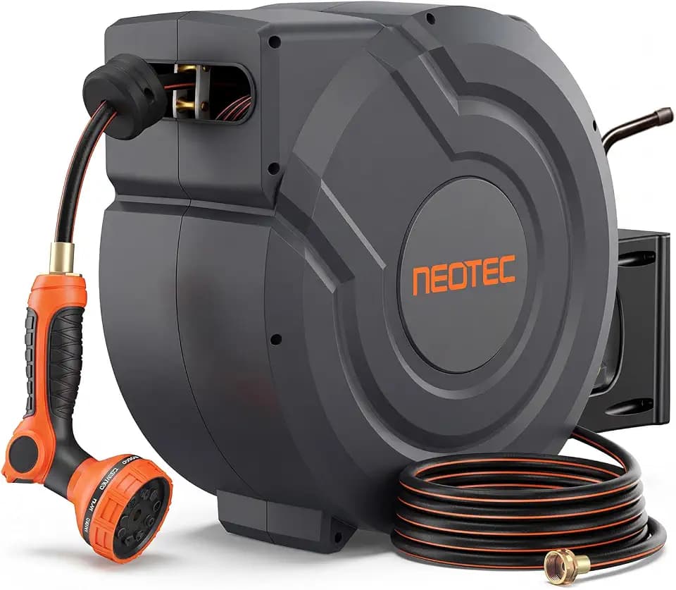 Upgraded Retractable Garden Hose Reel 1/2 inch x 155 ft Any Length Lock 9 Pattern Nozzle Wall-Mounted Automatic Slow Return 180° Swivel UV Resistant Heavy Duty Hose Reels for Outside