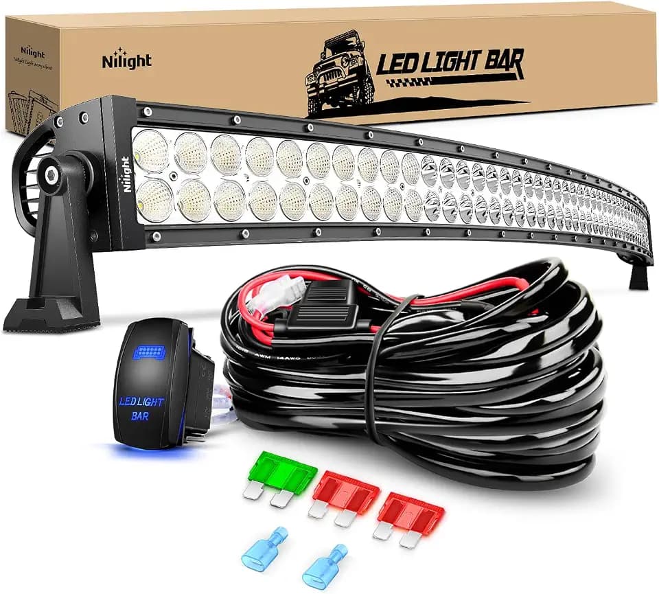 Nilight 50Inch 288W Curved Spot Flood Combo Led Light Bar Off Road Driving Lights Boat Lights Fog Light 12V On/Off 5 Pin Rocker Switch Power 12AWG Wiring Harness Kit-1 Lead for Trucks,2 Years Warranty