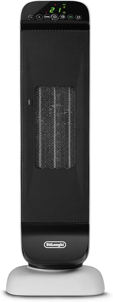 De'Longhi Turm-Keramik-Heizlüfter, Schnellheizung mit 2 Leistungsstufen, Fernbedienung, 24h-Timer, Eco-Funktion, Sicherheitsthermostat, Griff Hinten, 2000W, HFX25S20, Weiß/Schwarz
