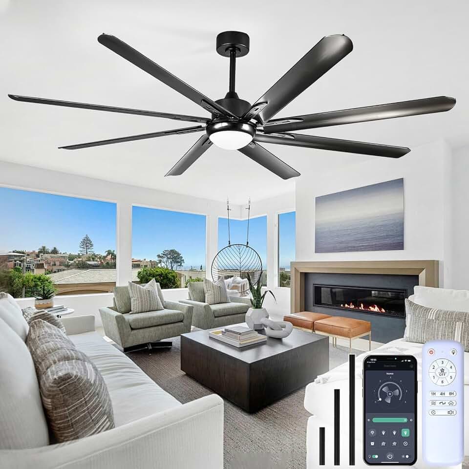 183cm Große Deckenventilator mit Beleuchtung, 8 Aluminiumflügel, Industriellel Deckenventilatoren mit Fernbedienung/App für Wohnzimmer, Lagerhallen, Turnhallen, Schwarz