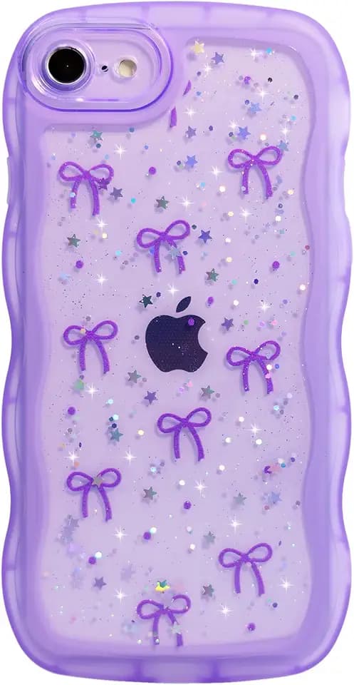 Qokey for iPhone 6/6S Case, Glitter Star & Curved Edge Handle Grip Design, Military-Grade Shockproof Clear TPU Cover, Sparkle Protection Scratch-Resistant, Holographic Purple Bow
