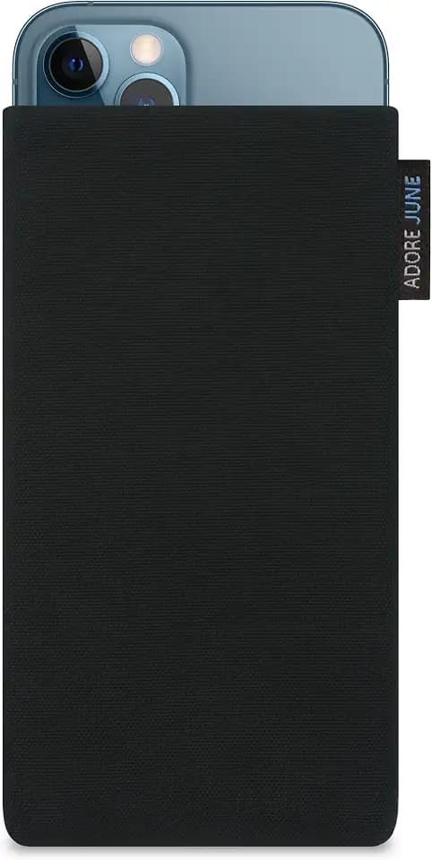 Adore June Classic Schwarz Tasche kompatibel mit iPhone 13 / iPhone 13 Pro/iPhone 12 / iPhone 12 Pro Handytasche aus widerstandsfähigem Cordura Stoff mit Display Reinigungs-Effekt, Made in Europe