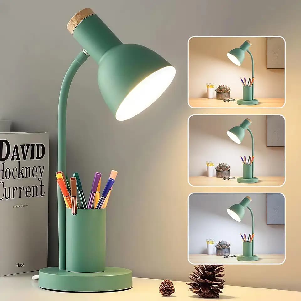 LED Schreibtischlampe mit Stifthalter,augenschonende Tischlampen 3 Farbmodi Leselicht Metall-Studienlampe, Niedliche Tischlampen für Zuhause Büro Nachttisch Schlafsaal (Grün Tischlampen)
