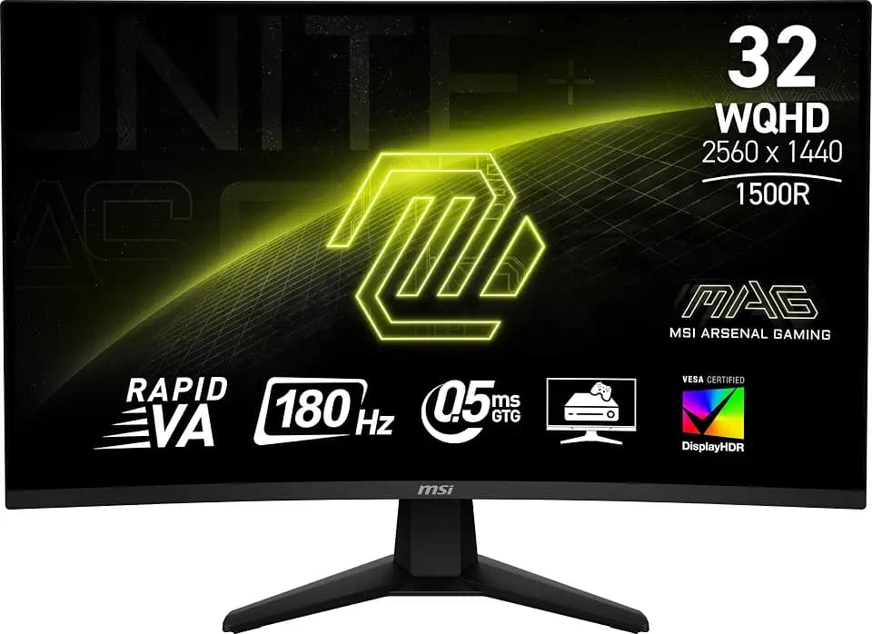 msi MAG 32CQ6F 31.5-inch 2560 x 1440 (QHD) Computer Monitor, 180Hz, AMD FreeSync, HDMI, Display Port, VGA Port, VESA, Tilt, Height Adjustable, Speaker, 0.5ms, Black