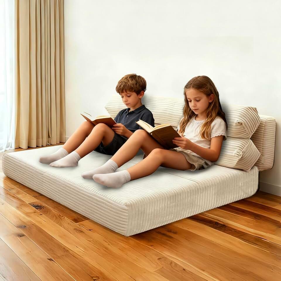 Convertible Sofa Bed, Folding Sofa Bed Couch, Pallout Floor Couch, Convertible Futon Chair Beds, Floor Teddy Sofa, Mini Couch for Bedroom, Love Seat Sleeper Beds(Beige White,51.1"×53.9"×23.6")