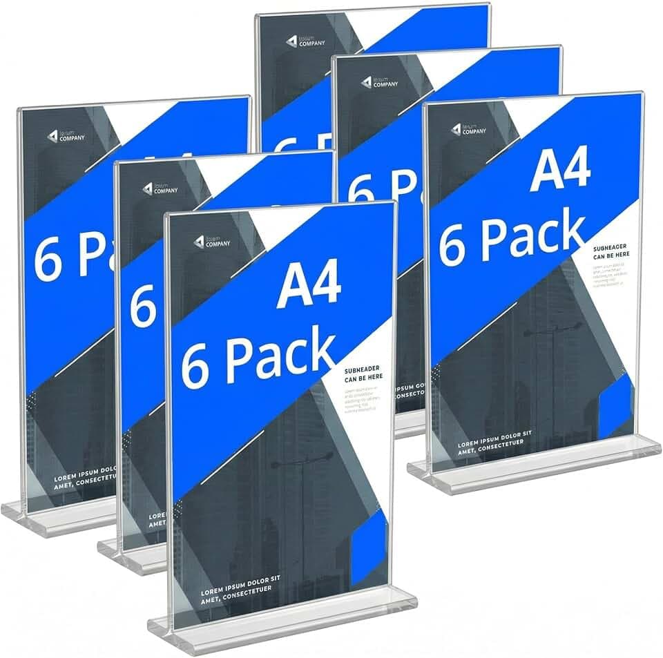 QWORK® 6 Stück A4 Acryl Tischaufsteller mit Solide Sockel, Doppelseitiger Acryl-Ausstellungsständer für Büro Restaurant Cafe Shop Hochzeit