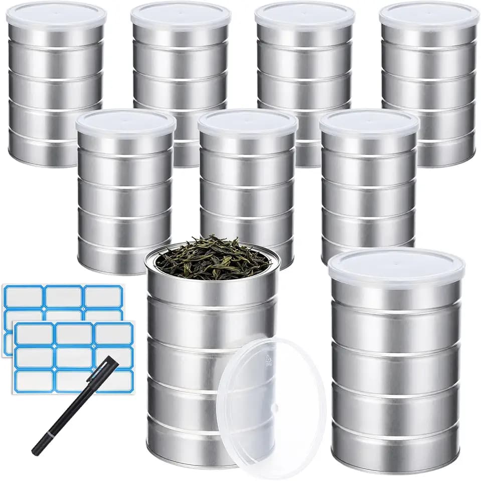 8 Pack Empty Coffee Cans with Lids, Stickers and Pen, 3.9 x 5.9 in Metal Tin Can, Silver Loose Leaf Tea Containers with Ribbed Body for Kitchen Storage, Arts Crafts, Cookies or Dried Fruit