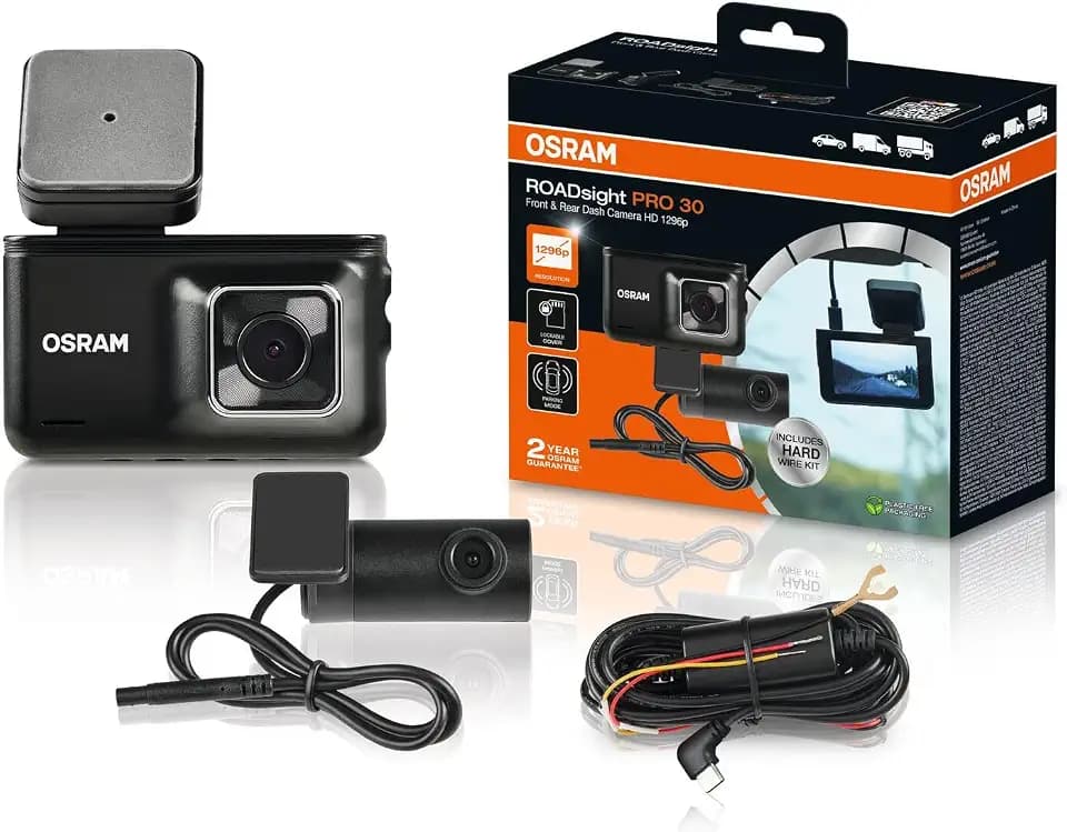 Osram ROADsight PRO 30 Dashcam – Front- und Rückansicht, 1296p Full HD, 3-Zoll-IPS-Bildschirm, 140° und 120°, G-Sensor, 30 Bilder pro Sekunde, Parkmodus, verriegelbarer Micro-SD-Kartensteckplatz