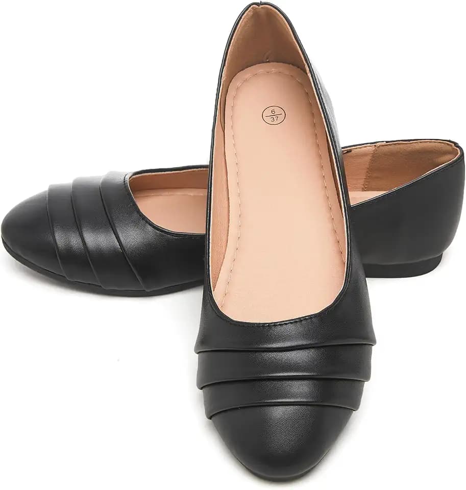 HEAWISH Women's Black Flats Shoes Round Toe Slip On Casual Ballet Flats PU Leather Dressy Work Shoes
