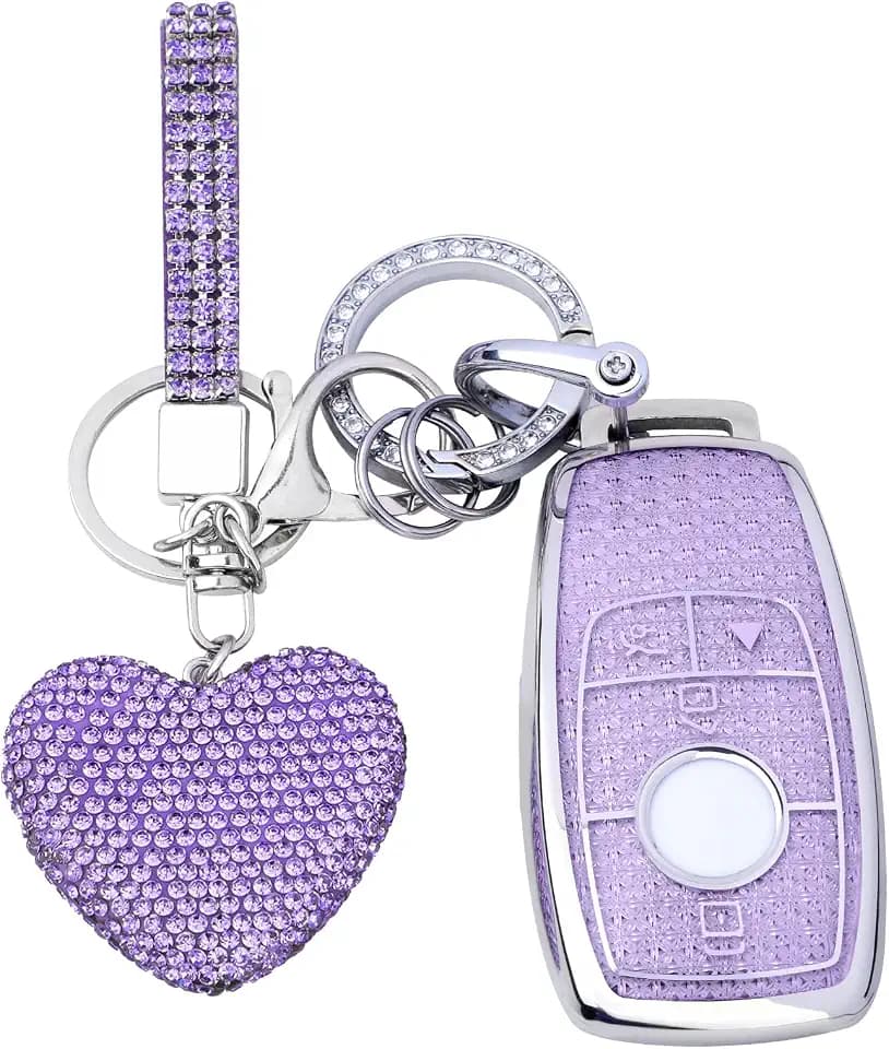 for Mercedes Benz key fob cover with Diamond Heart Keychain, Car Accessories TPU for 2019-2021 A-Class C-Class G-Class 2017-2020 E-Class S-Class, Silver Purple