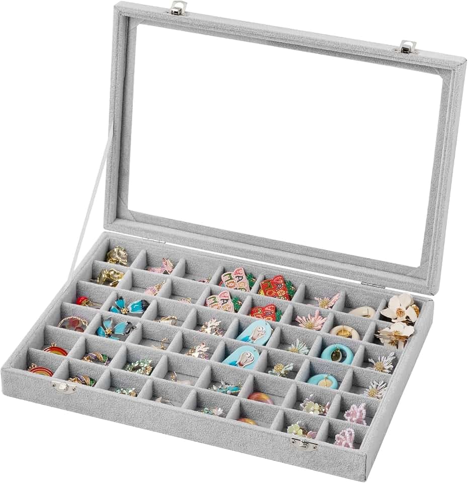 Frebeauty Schmucktablett 48 Fächer mit Glasdeckel, Samt Schmuck-Organizer