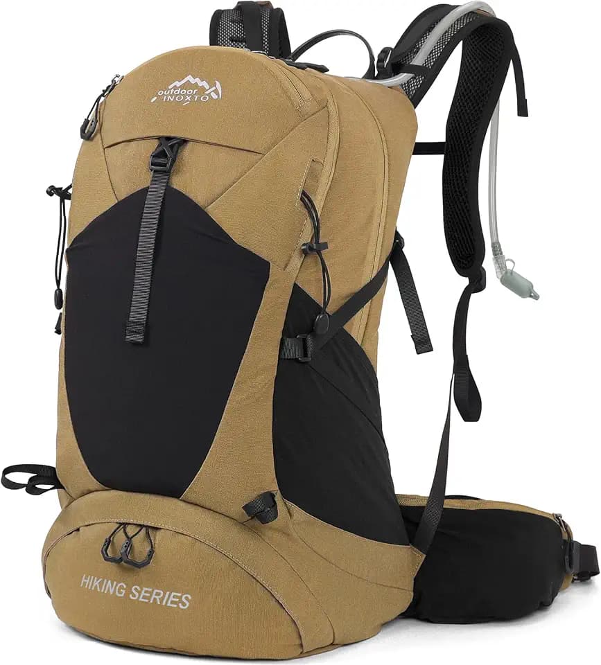 IX INOXTO Hiking Backpack, 26L/40L Waterproof Hiking Daypack with 3L Water Bladder and Rain Cover, Lightweight Travel Camping Backpack for Men Women (Khaki)