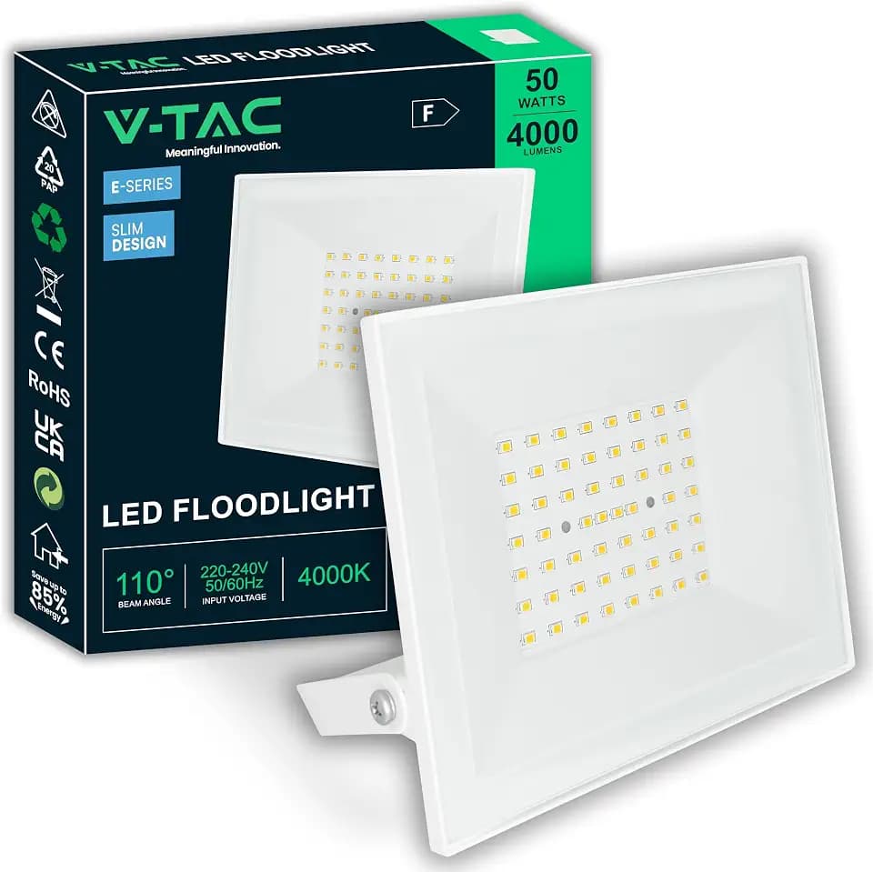 V-TAC LED Strahler Außen 50W Weiß – [E-SERIES - Hochleistung, Niedriger Verbrauch] – Super Slip Design - 4000 Lumen – IP65 – Flutlicht für Haus, Garage & Lager – Außenlampe - Kaltweiß 6500K