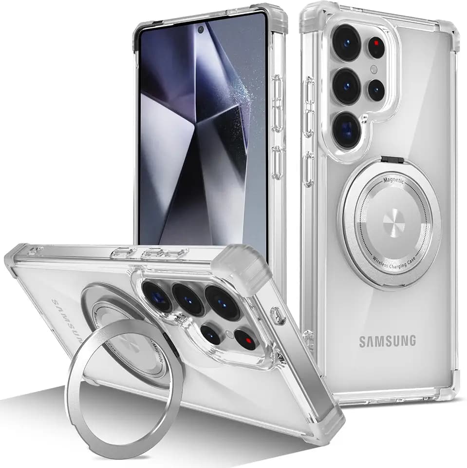 Golden Shield Rotation 360 Grad Magnetische Halter Handyhülle für Samsung Galaxy S25 Ultra hülle,[unterstützt kabelloses Laden]Vier Ecken gegen Absturz stoßfeste Schutzhülle hüllen,Transparent