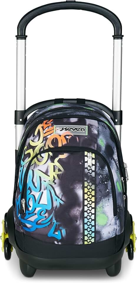 Seven Trolley Flex Schulrucksack mit Rollen, Schulranzen 1 Klasse Junge, doppelte Nutzung, abnehmbarer Rucksack, versenkbare Schultergurte, schwarz/grün