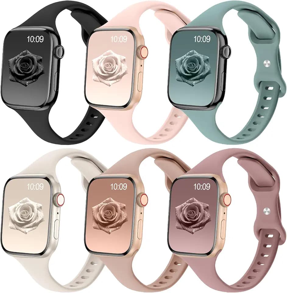 6 Pack Thin Slim Soft Silicone Bands Compatible with Apple Watch Women Men