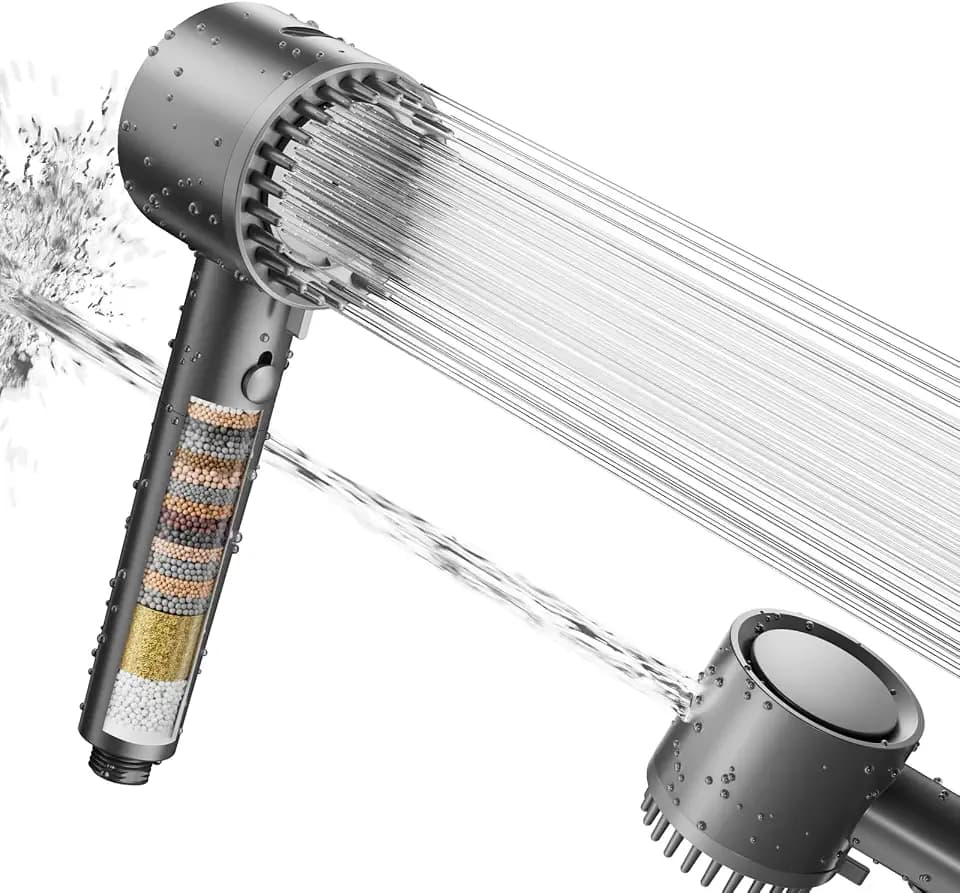 Cobbe Duschkopf mit Filter, Hochdruck Handbrause mit Filtration in 20 Schichten, Duschkopf Wassersparend mit 5 Strahlarten, Sparduschkopf für Hartes Wasser,Rest-Chlor,Bakterien(Grau)