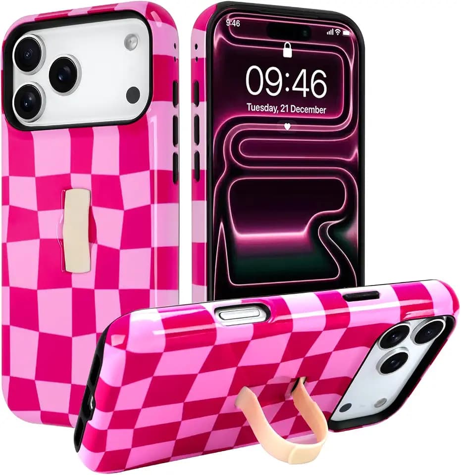 SOKAD Checkered Phone Case for iPhone 17 Pro Max with Finger Strap Stand