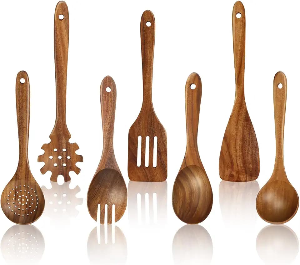 comfoyar Teak Kochlöffel Holz Set, 7 Stück Holzkochlöffel Set mit Spatel und Schöpfkelle, Holz Küchenutensilien, Hitzebeständige Holzutensilien zum Kochen für Antihaft Pfanne