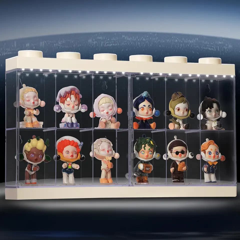 Wall-Mounted White Acrylic Display Case with White LED Light, 12-Grid Clear Showcase Shelf, No-Assembly Dustproof Organizer for Mini Figures, Collectibles