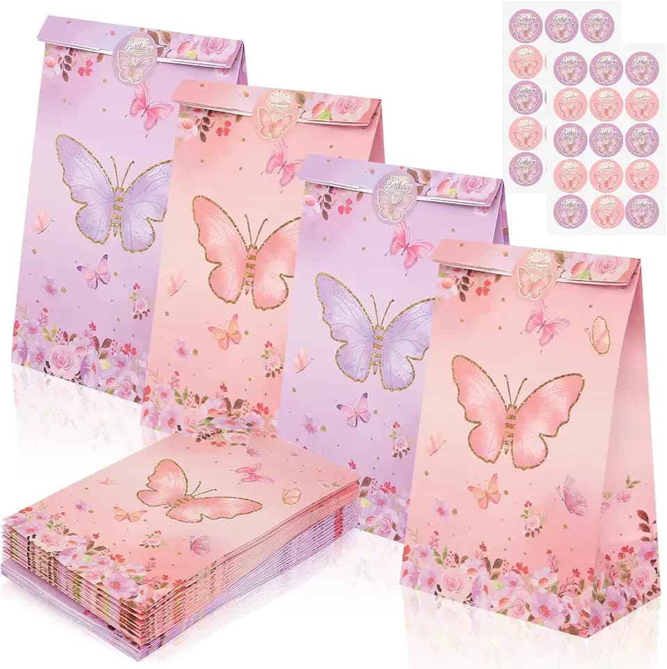 24pcs Pink Gift Bags With Stickers, Cute Butterfly Flowers Paper Gift Bags Small Size 8.7x5.1x3.1 Purple Party Favors Bags Bulk Mini Tiny Pink Goody Bag for Wedding Rainbow Kids Girl Birthday (Butterfly)