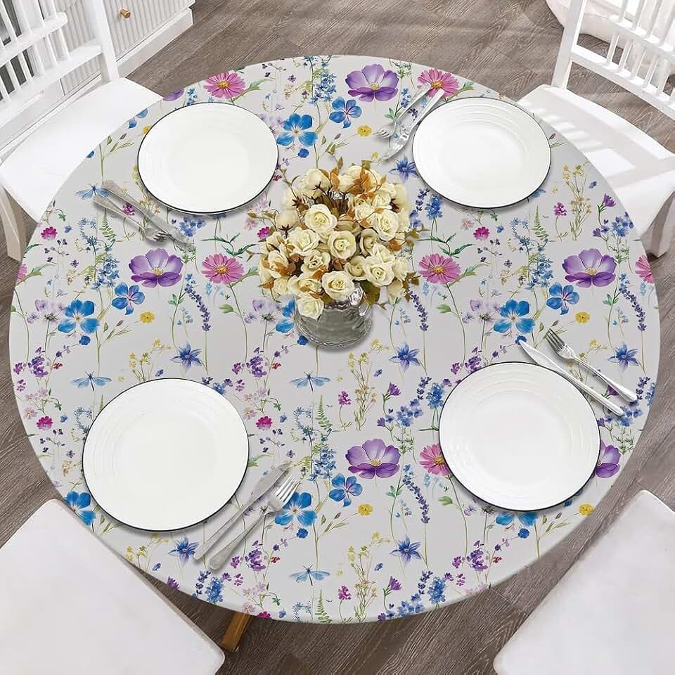 REDAMANCY Watercolor Purple Blue Wildflower Round Fitted Tablecloth with Elastic Edge Waterproof Oil Proof Table Cover Cloth Round Tables for Dinner, Outdoor, Picnic(Fitted to 45"-56" Diameter)