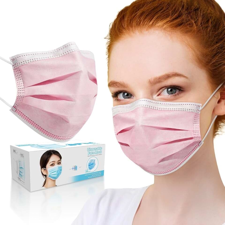 PM PERFORMOTOR 50 Pcs Disposable Face Cover 3-Ply Filter Non Medical Breathable Earloop Masks (Pink)