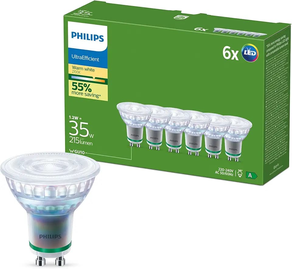 Philips UltraEfficient LED-Lampen GU10 Spots, 6er-Pack, 215 Lumen, 35 W, Flimmerfrei, Augenkomfort, Lange Lebensdauer, Warmweißes Licht 2.700 K