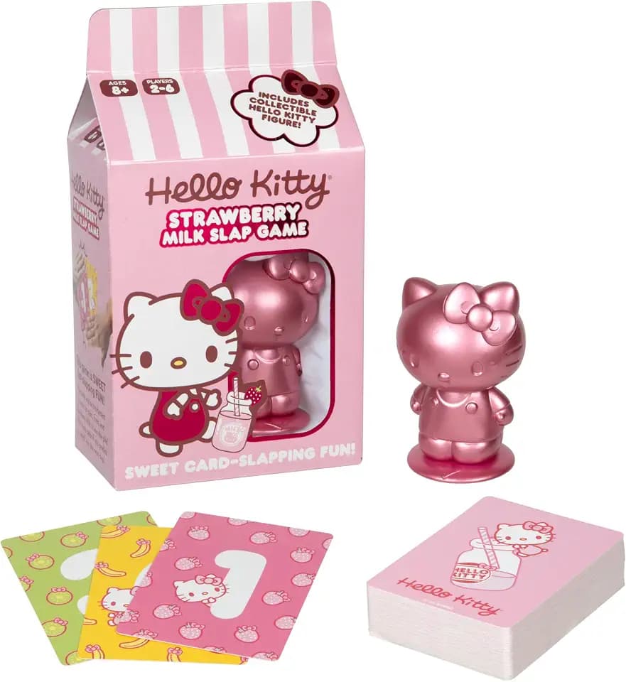 Hello Kitty Strawberry Milk Slap Game, Includes 76 Cards & Collectible Hello Kitty Figurine, Flip Cards & Be The Fastest to React to Pairs, Fives & Strawberry Milk, Ages 8+, 2-6 Players