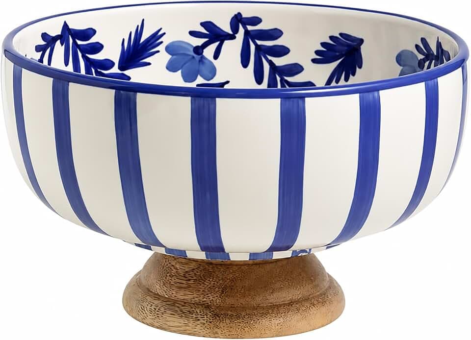 Mud Pie Blue Ceramic Pedestal Bowl, Decorative Fruit and Serving Bowl