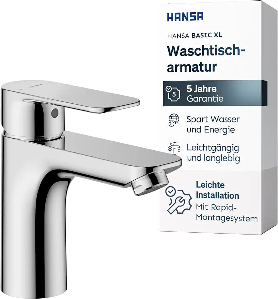 HANSA BASIC XL Waschtischarmatur I Einhebelmischer Waschbecken mit Temperatur & Mengenbegrenzer | XL für mittelgroße bis große Bäder | Mischbatterie Bad aus Messing | Wasserhahn Badezimmer | Chrom