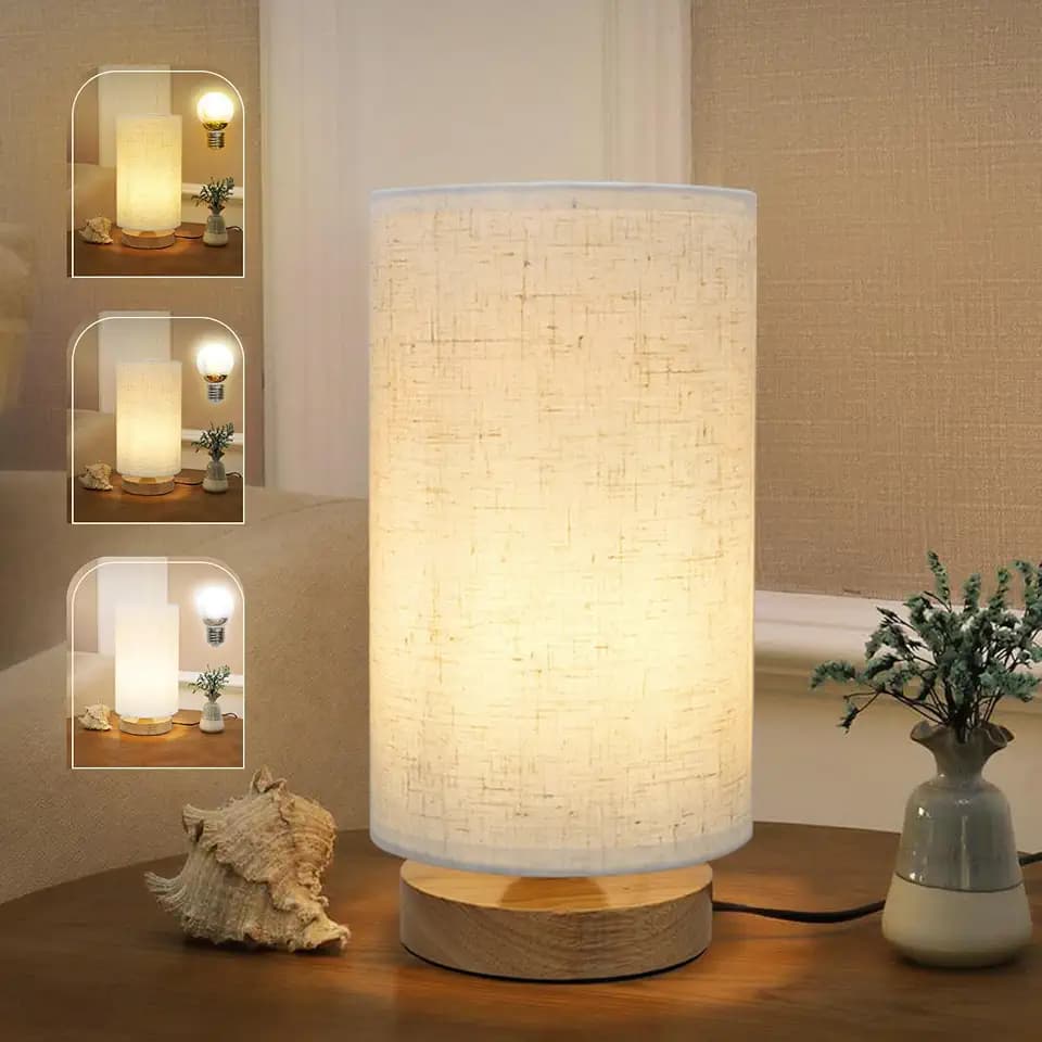 Minimalist Dimmable Nightstand Lamp with Round Fabric Linen Shade, 3 Color Temperatures, Desk & Bedside Lamp for Study, Living Room, Bedroom, Office, Dorm