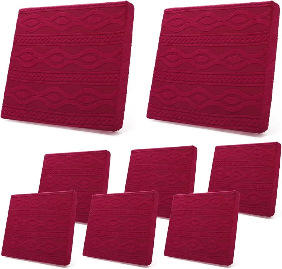 Newwiee 8Pcs Stretch Patio Cushion Covers Outdoor Cushion Covers for Patio Furniture Replacement Couch Sofa Slipcovers Jacquard Textured Soft Fabric Washable Furniture Protector(Wine Red,Elegant)