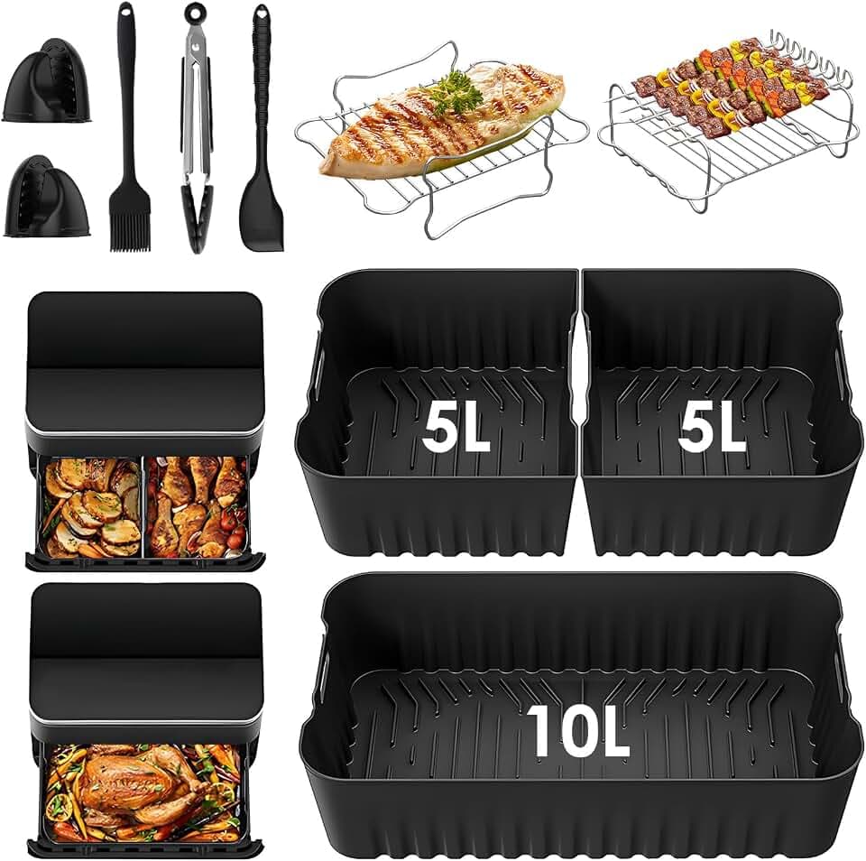 Heißluftfritteuse Zubehör für COSORI Dual Blaze TwinFry 10L, 1 x 10 l + 2 x 5 l Wiederverwendbar Silikonform Airfryer Heißluftfritteuse, Luftbratenkörbe, Grillregal, Zange Inklusive