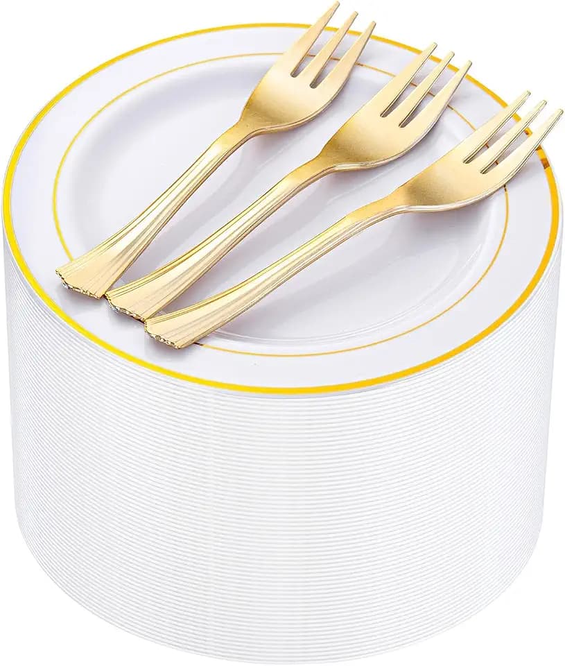 WELLIFE 240 Pcs Disposable Dessert Plates with Gold Plastic Forks, 120 White 6.5 Inch Appetizer Cake Salad Plates with Gold Rim, Party Tableware Set for 120 Guests, Wedding, Birthday, Catering