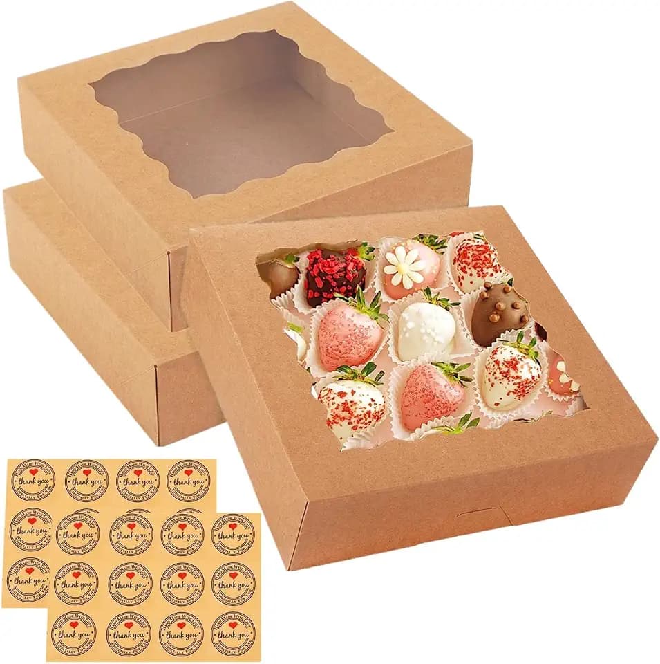 30 Stück Backboxen aus Karton mit Sichtfenster 20,3 x 20,3 x 6,3 cm, braune Donut-Boxen, Keksboxen für Erdbeeren, Kuchen, Cupcakes, Gebäck, Kuchen, Donuts, Kekse, Muffins, Pralinen