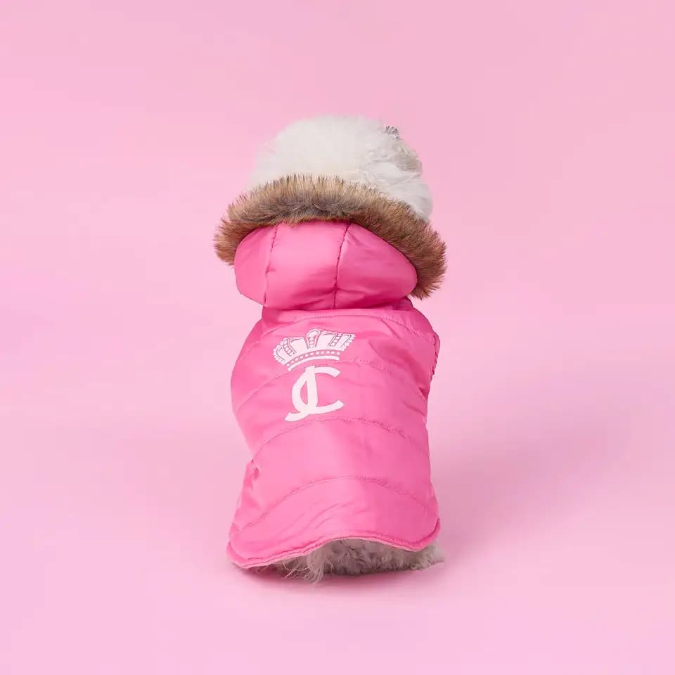 Juicy Couture Faux Fur Hooded Pet Jacket for Dogs and Cats - Hot Pink - Medium/Large