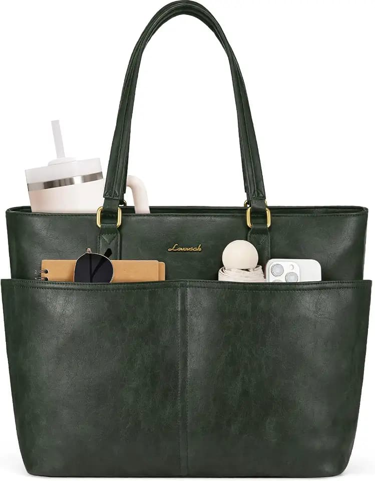 LOVEVOOK Work Tote Bags for Women, Vintage Leather 15.6 Inch Laptop Bag with Large Cup Holder, Teacher Nurse Medical Professional Computer Bag, Office Briefcase Handbag Gift