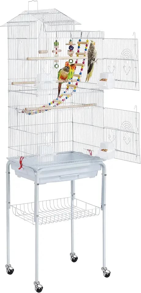 Yaheetech Vogelkäfig Metall Holz Räder 46 × 35,5 × 158,5 cm weiß