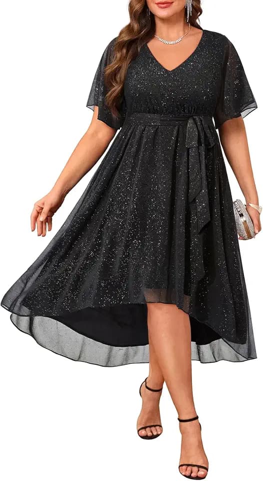 Plus Size Dresses Wedding Guest Formal Chiffon Short Sleeve High Low Dress