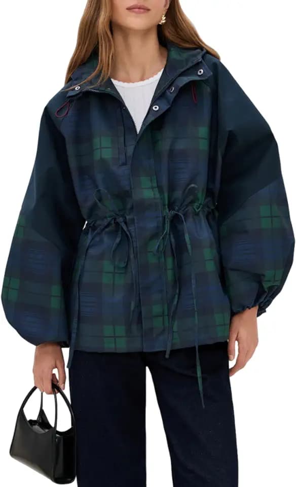 HALO RAIN Women's Plaid Raincoat Casual Waterproof Rain Jacket Windbreaker with Hood Outdoor