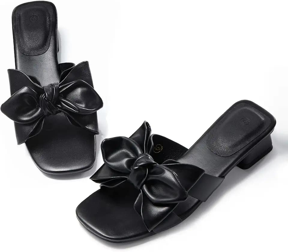 Fashare Womens Bow Dressy Low Heel Sandals Slides Summer Chunky Block Heeled Open Toe Mules Slip on Slippers Shoes