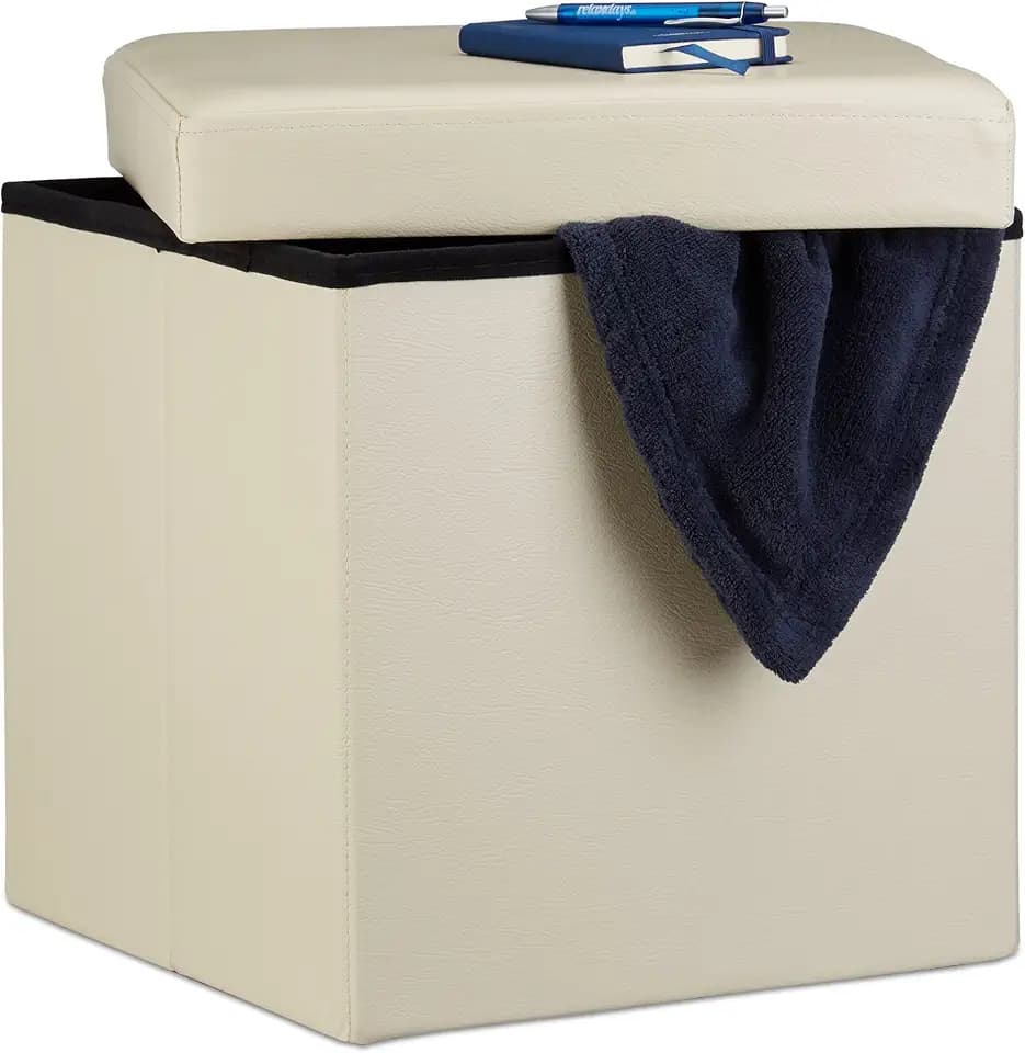 Relaxdays Faltbarer Sitzhocker, Sitzcube mit Stauraum u. Deckel, Creme