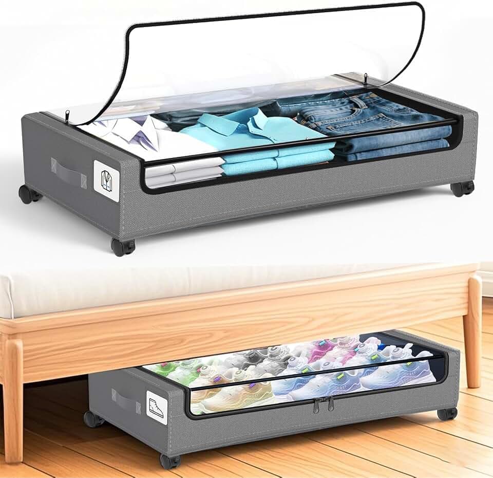 2 Stück Unterbett Aufbewahrungsbox mit Rollen und Deckel, Unterbettkommode mit klaren Deckeln & Etikett, 48L Rollbare Bettkasten Aufbewahrung für Kleidung, Decken, Schuhe, Spielzeug