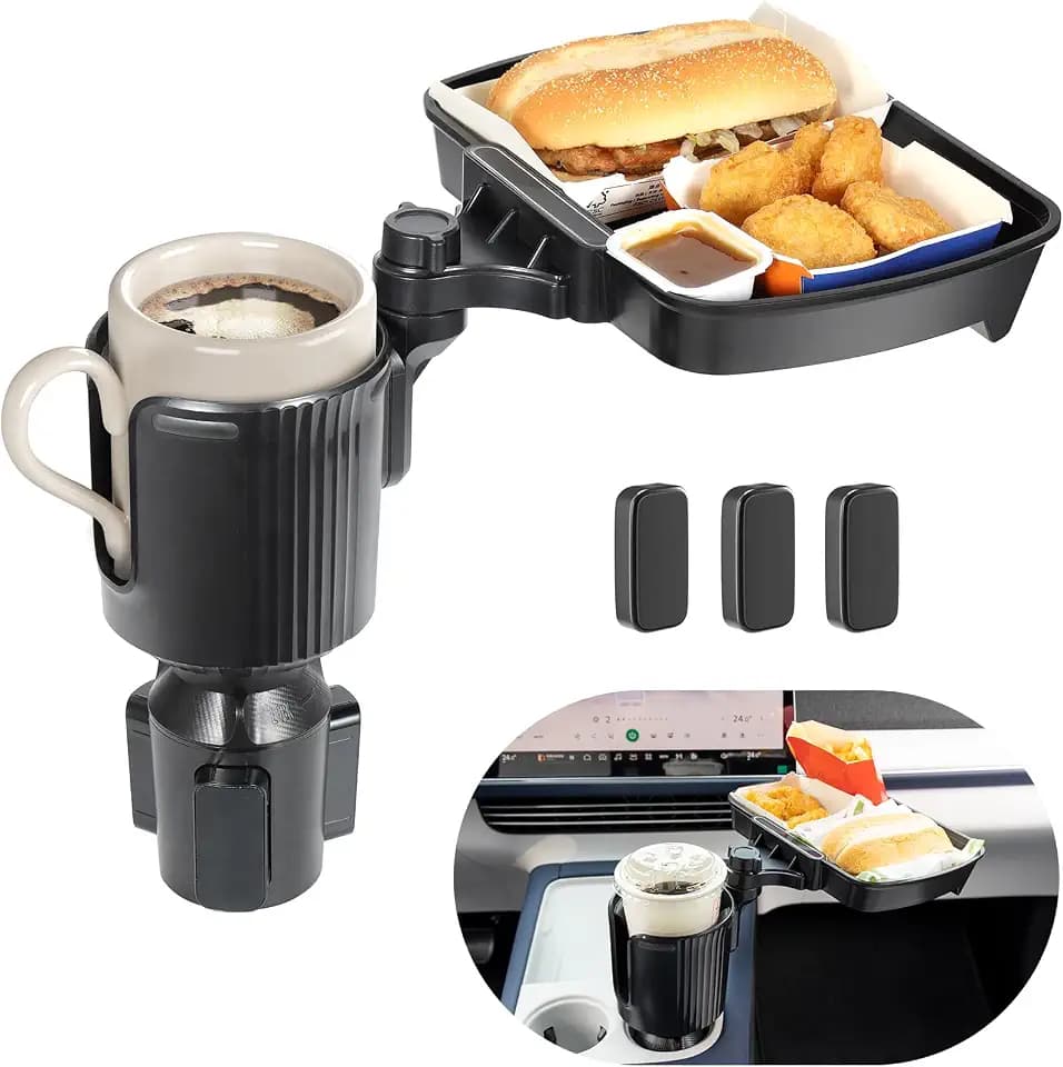 Car Large Cup Holder Expander, 2-in-1 Cupholder Extender with Swivel and Detachable Snack Food Tray Table for Eating, Travel Essentials for Road Trips for Driver. Model B
