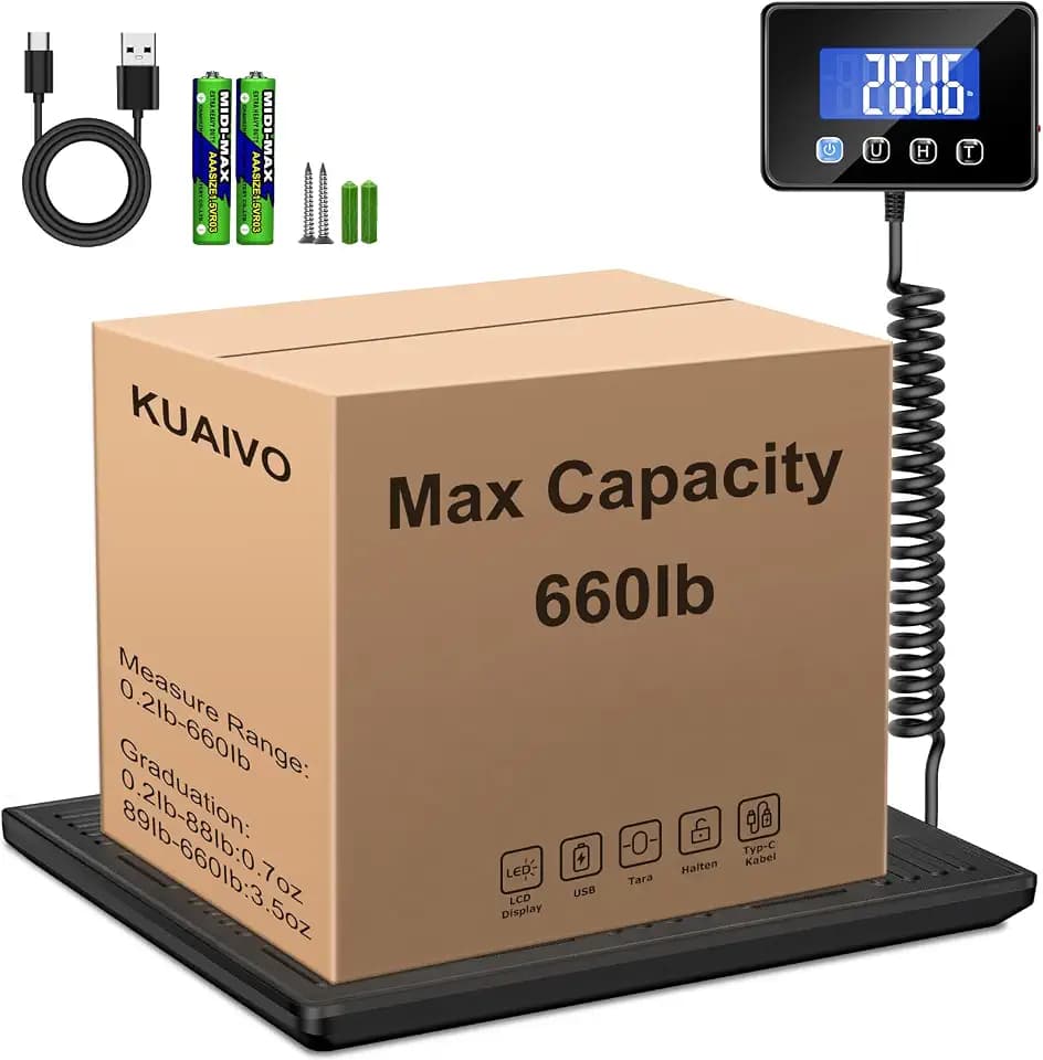 KUAIVO Shipping Scale, 660lbs Heavy Duty Digital Luggage Scale for Packages, 0.35oz High Accurate Postage Scale for Small Business, Warehouse, Home Use, Battery & Charging Cable Include