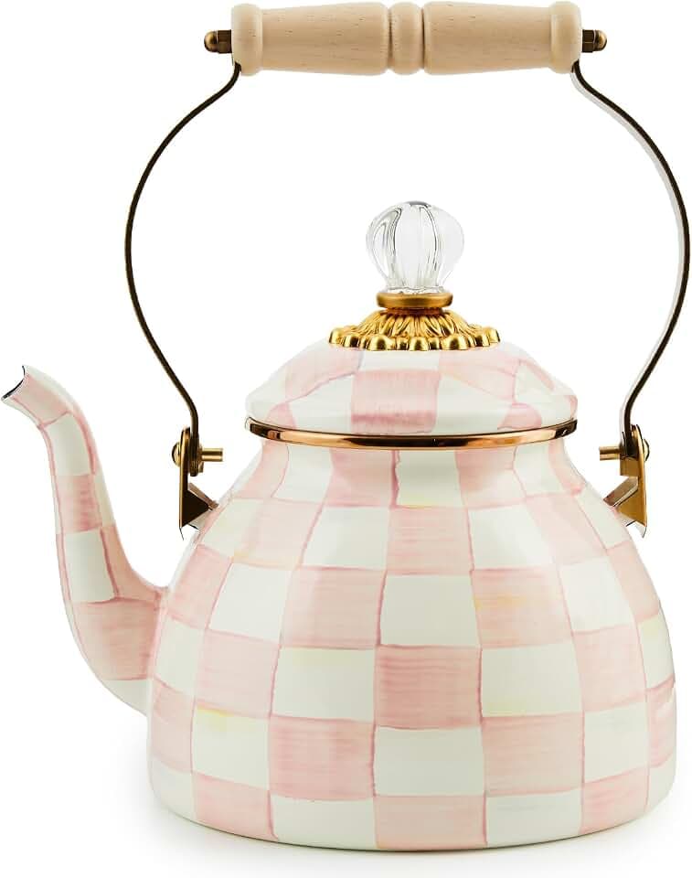 MACKENZIE-CHILDS Tea Kettle, 2 Quarts, Pink-and-White Rosy Check