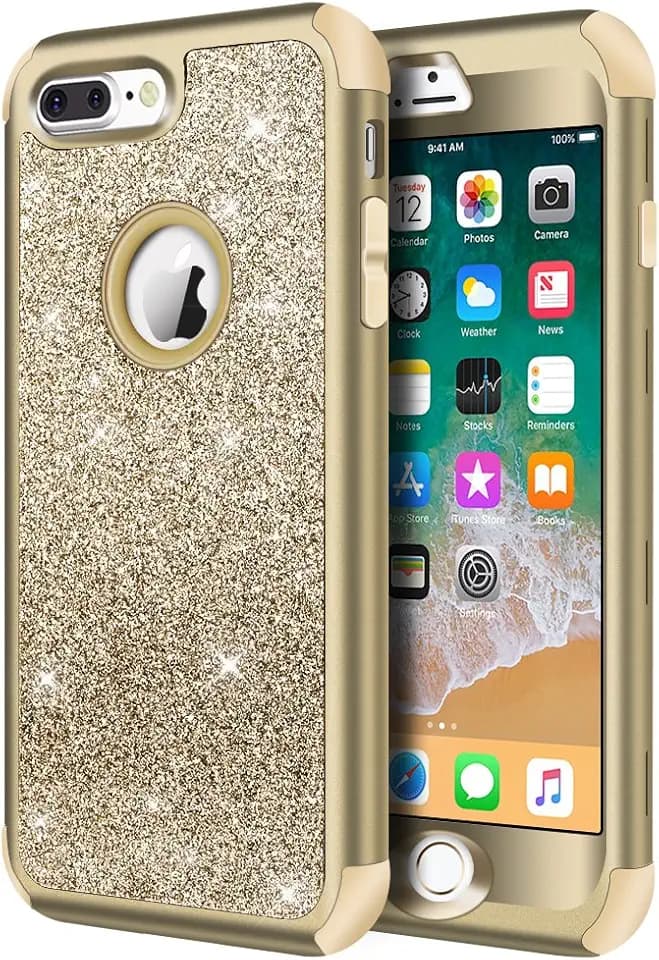 Hython Designed for iPhone 8 Plus, iPhone 7 Plus Case, Heavy Duty Defender Protective Bling Glitter Sparkle Hard Shell Hybrid Shockproof Rubber Bumper Cover, Gold