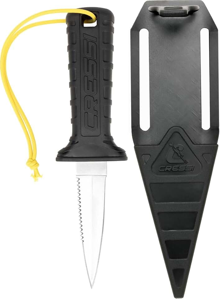 CRESSI Mamba Knife - Tauchermesser mit schlankem, spitzem Design, 7 cm Klinge mit glatter/gezahnter, Scheide mit Schnur/Sicherheitsverschluss